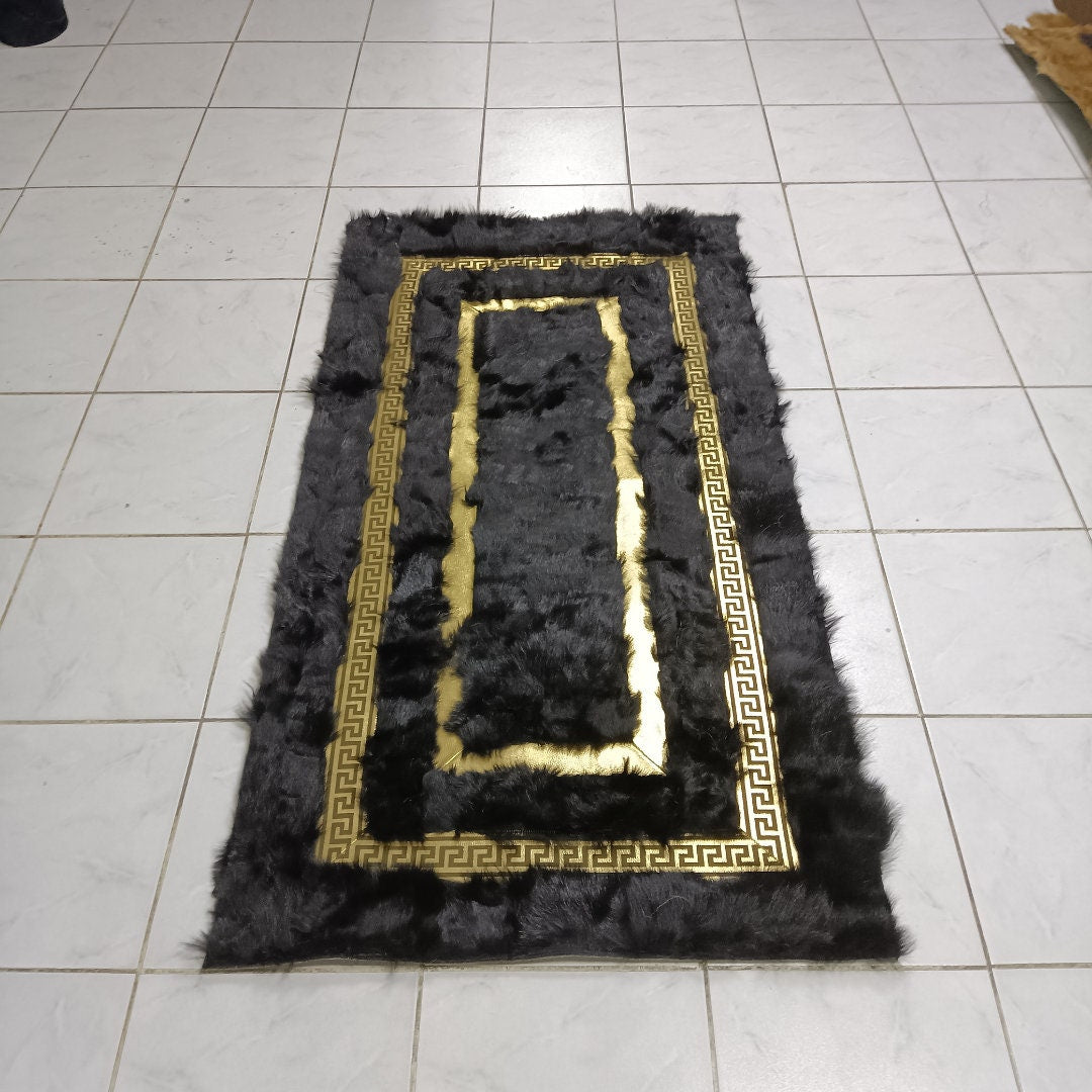 Black Sheepskin Rug, Black-Gold Sheepskin Fur Rug, Fluffy Area Rugs, Wool Area Rugs, Rugs For Living Room, Home Decor Rug, Mother's Day Gift