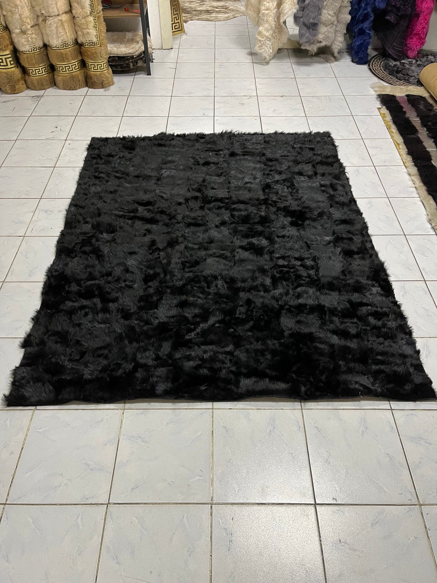 Black Sheepskin Fur Rug for Living Room, Luxury Rectangle Soft Carpet for Bedroom, Natural Patchwork Rug, Soft Area Rugs, Wool Area Rugs