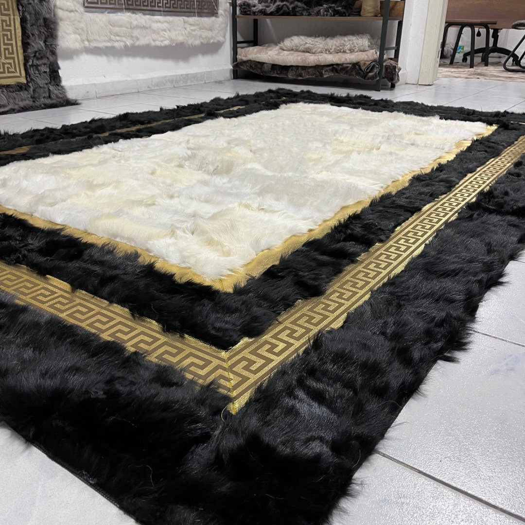 Natural Black-Gold Sheepskin Patchwork Rug, Handmade Sheepskin Area Rugs, Fluffy Sheepskin Carpet, Wool Leather Rug, Mother's Day Gifts