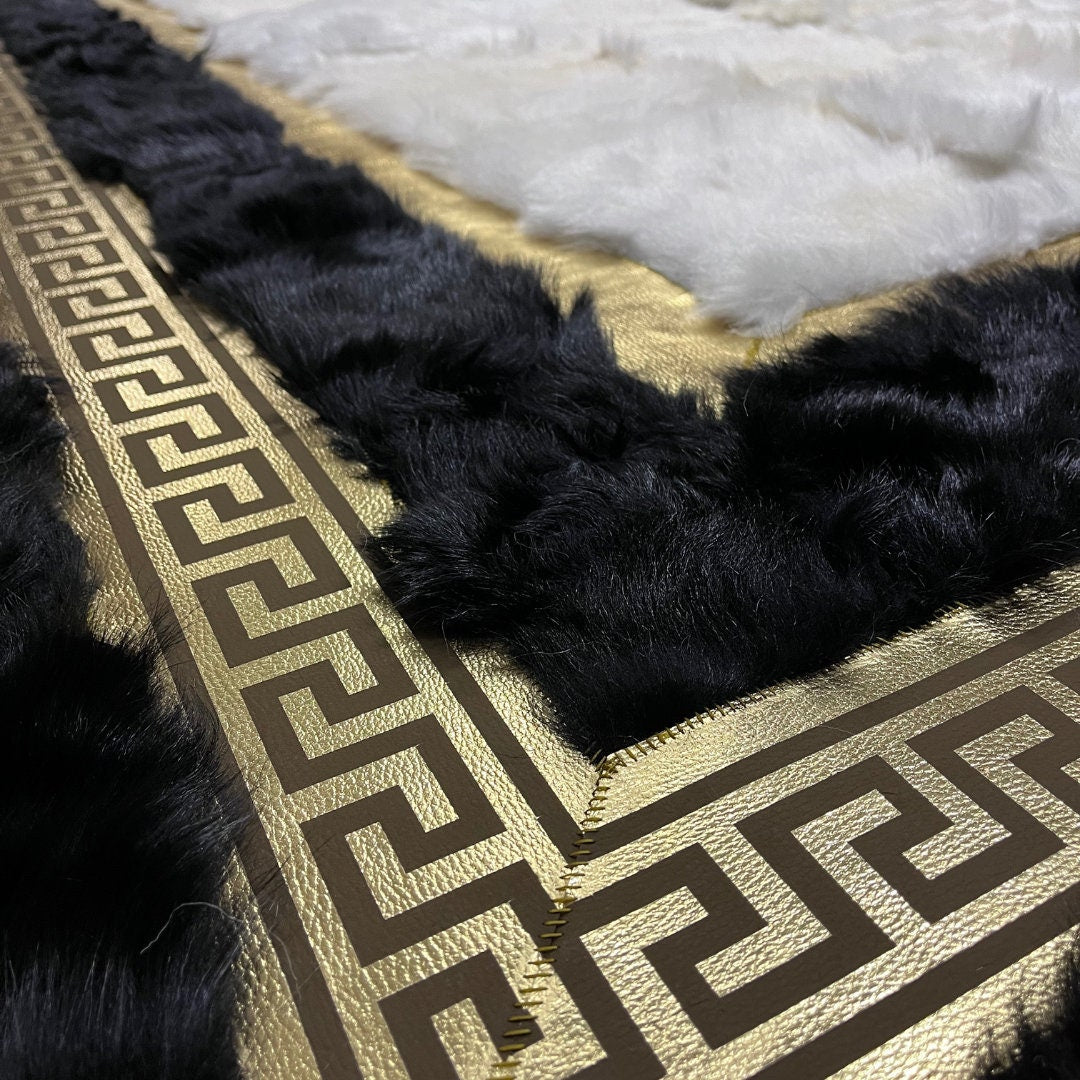 Natural Black-Gold Sheepskin Patchwork Rug, Handmade Sheepskin Area Rugs, Fluffy Sheepskin Carpet, Wool Leather Rug, Mother's Day Gifts