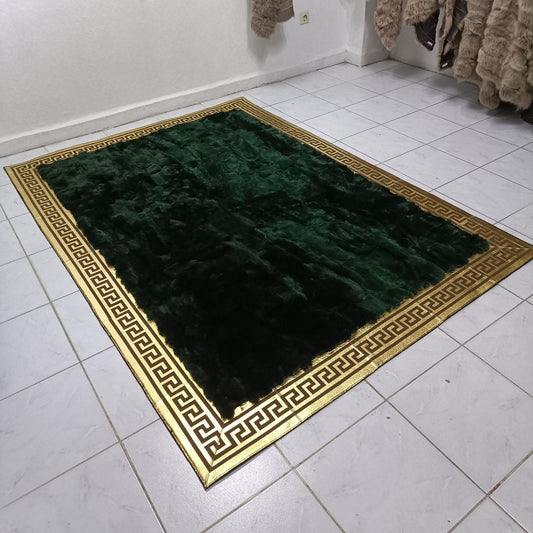 Handmade Green Rabbit Fur Rug - Genuine Rabbit Fur Plush Rug - Non Slip Leather Rug - Rug for Living Room - Leather Area Rug - New Home Gift