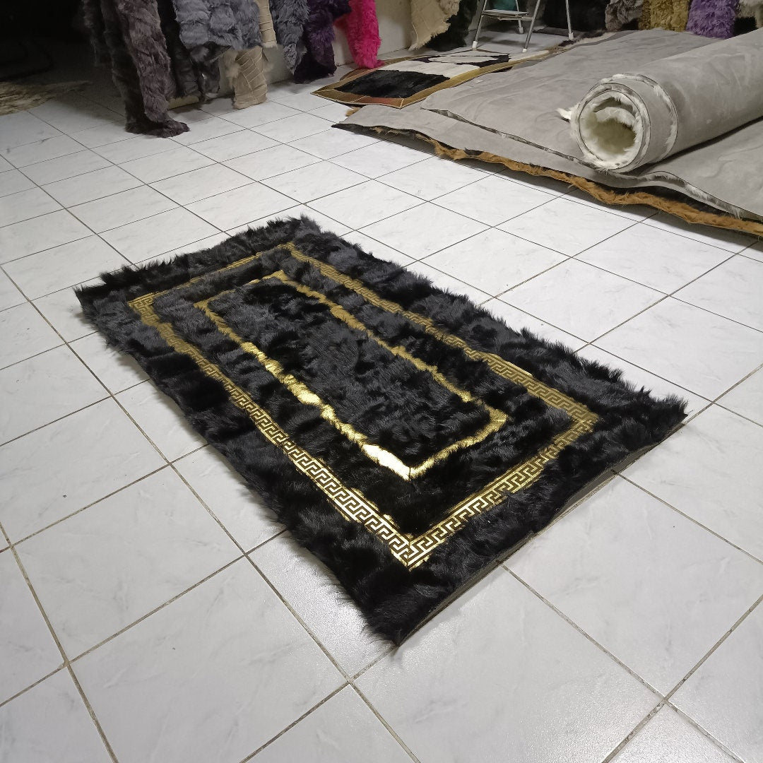 Black Sheepskin Rug, Black-Gold Sheepskin Fur Rug, Fluffy Area Rugs, Wool Area Rugs, Rugs For Living Room, Home Decor Rug, Mother's Day Gift