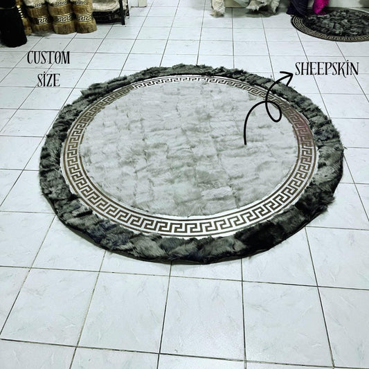 Round Gray Sheepskin Rug - Handmade Area Rug - Round Patchwork Rug - Natural Sheepskin Rug for Living Room - Leather Rug - New Home Gift