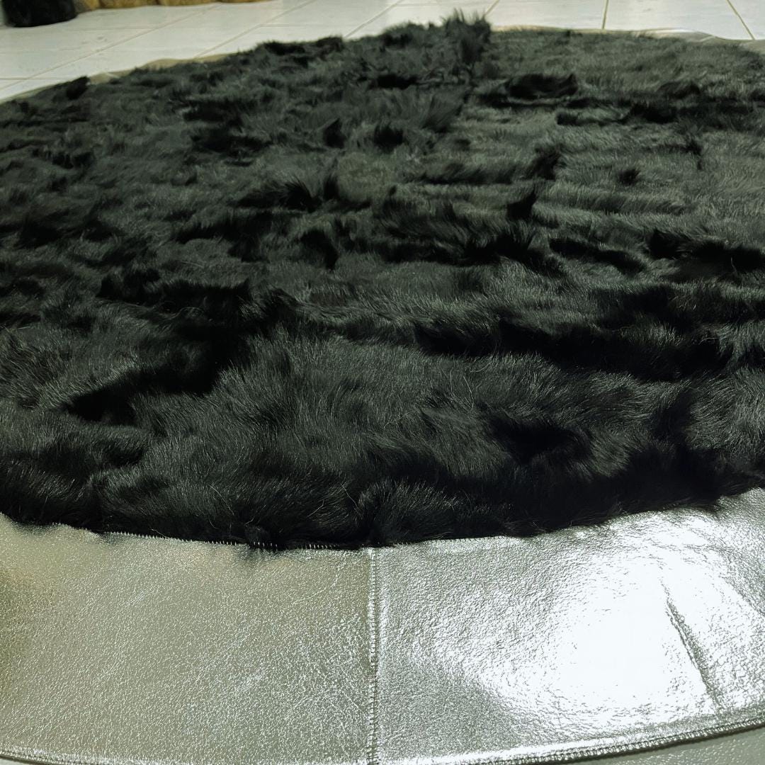 BLACK SHEEPSKIN ROUND Rug, Black-Silver Sheepskin Area Rug, Natural Soft Wool & Leather Rug for Living Room, Fluffy Area Rugs, New Home Gift