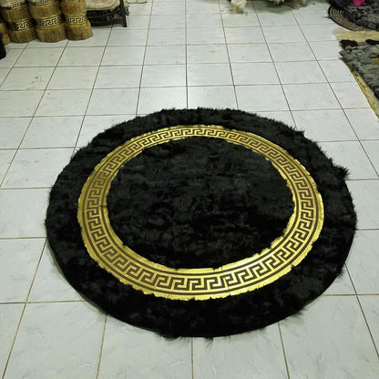 Black Sheepskin Rug, Black-Gold Round Sheepskin Rug, Sheepskin Area Rugs, Natural Soft Area Rug, Rugs For Living Room, Round Area Rugs