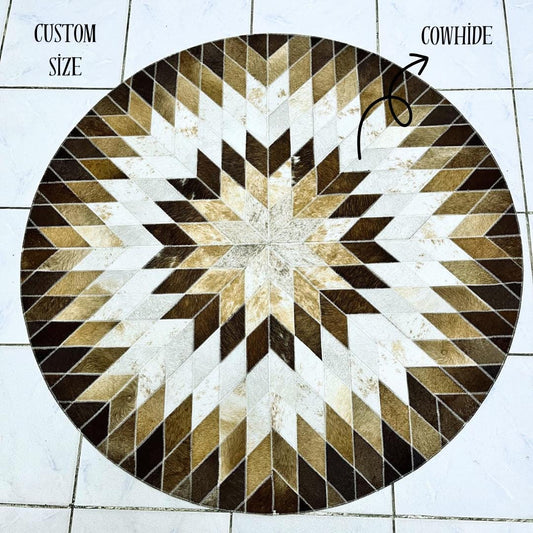 Tricolor Cowhide Rug - Round Leather Area Rug - Cowhide Patchwork Rug - Cowhide Leather Carpet Rug - Rustic Leather Rug - Housewarming Gift