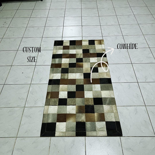 Genuine Multicolor Cowhide Rug - Handmade Cowhide Runner Carpet - Tricolor Cowhide Rug - Leather Patchwork Rug - Area Rug - New Home Gift