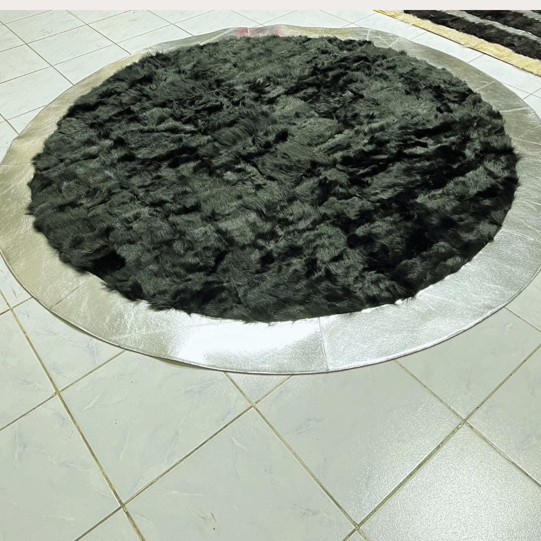BLACK SHEEPSKIN ROUND Rug, Black-Silver Sheepskin Area Rug, Natural Soft Wool & Leather Rug for Living Room, Fluffy Area Rugs, New Home Gift