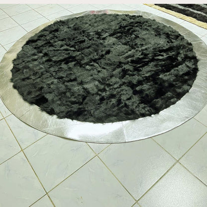 BLACK SHEEPSKIN ROUND Rug, Black-Silver Sheepskin Area Rug, Natural Soft Wool & Leather Rug for Living Room, Fluffy Area Rugs, New Home Gift