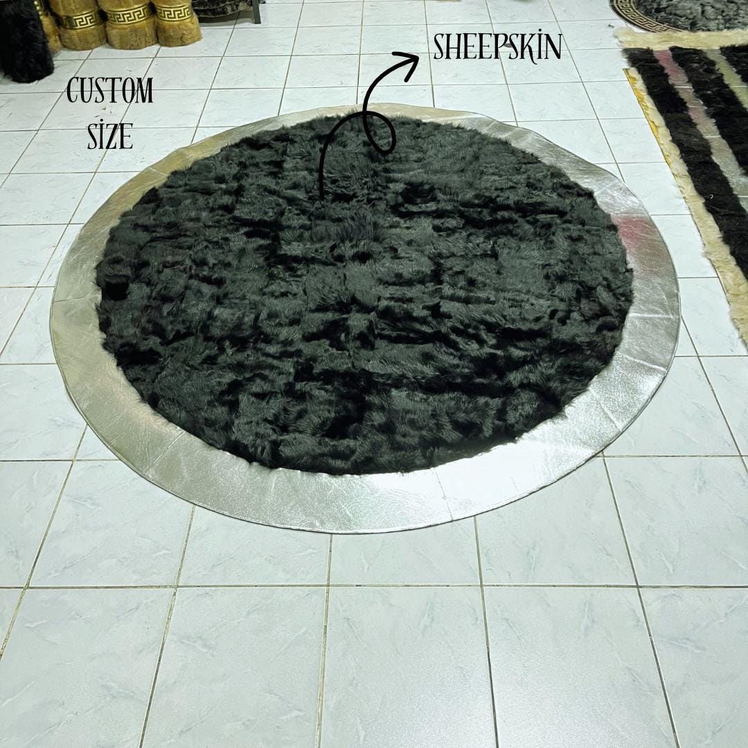BLACK SHEEPSKIN ROUND Rug, Black-Silver Sheepskin Area Rug, Natural Soft Wool & Leather Rug for Living Room, Fluffy Area Rugs, New Home Gift