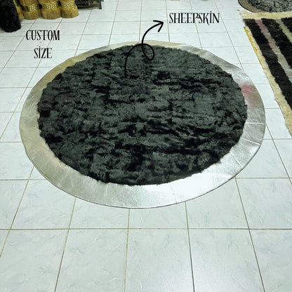 BLACK SHEEPSKIN ROUND Rug, Black-Silver Sheepskin Area Rug, Natural Soft Wool & Leather Rug for Living Room, Fluffy Area Rugs, New Home Gift