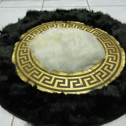 Luxurious Black Sheepskin Rug, Black-White Round Area Rug for Living Room Decor, Sheepskin Round Rug, Rugs For Living Room, Round Area Rugs