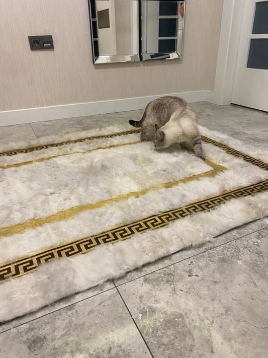 White Sheepskin Rug - White-Gold Sheepskin Fur Rug - Shaggy Soft Area Rugs - Real Leather Carpet - Mother's Day Gift