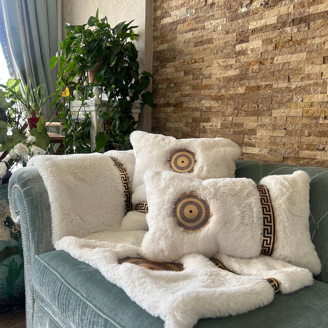 Luxury White Faux Fur Throw & Pillow Set - Soft Fluffy Stylish Decorative Home Gift, Throw Blanket For Living Room, New Home Gift