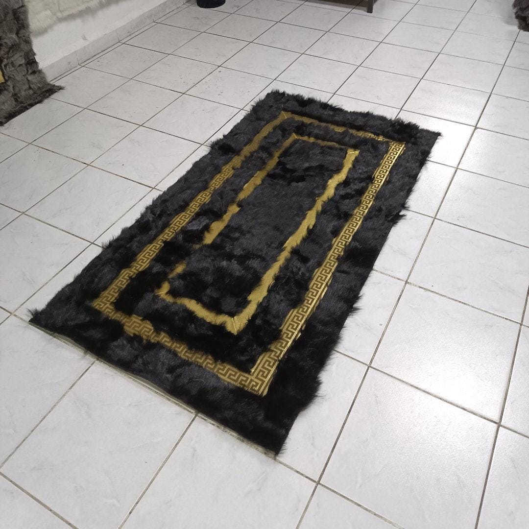 Black Sheepskin Rug, Black-Gold Sheepskin Fur Rug, Fluffy Area Rugs, Wool Area Rugs, Rugs For Living Room, Home Decor Rug, Mother's Day Gift