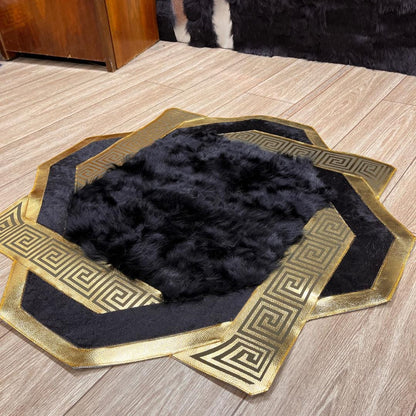 Gold and Black Cowhide Black Sheepskin Rug, Genuine Lambskin Fur Rug, Sheepskin Fur Rugs, Fluffy Area Rugs, Wool Area Rugs, New Home Gift