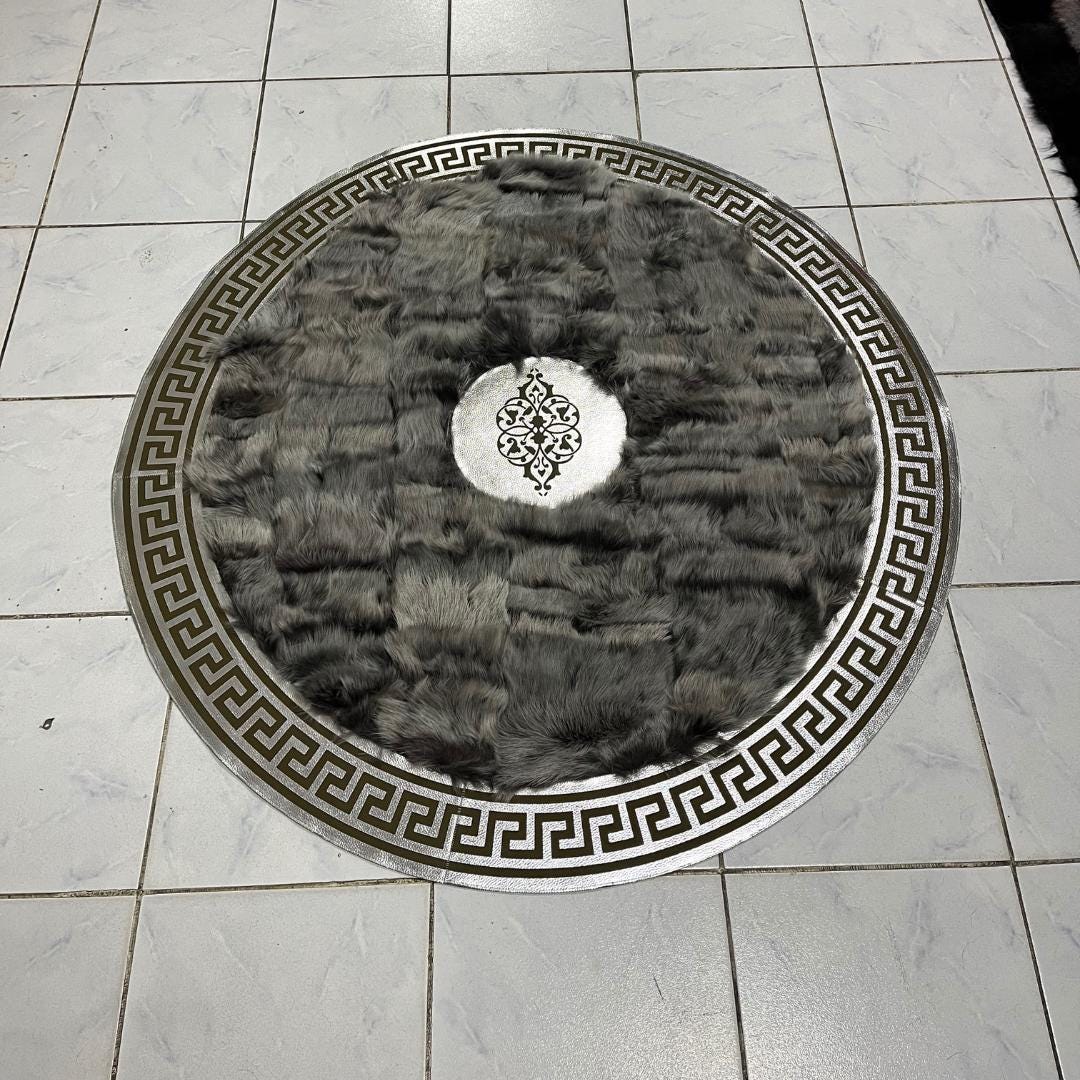 Round Gray Large Sheepskin Rug - Handmade Area Rug - Round Patchwork Rug - Giant Sheepskin Rug for Living Room - Leather Rug - New Home Gift