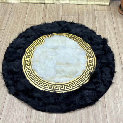 Luxurious Black & White Sheepskin Rug: Handmade Round Area Rug - BuzzLeatherCarpetLuxurious Black & White Sheepskin Rug: Handmade Round Area Rug