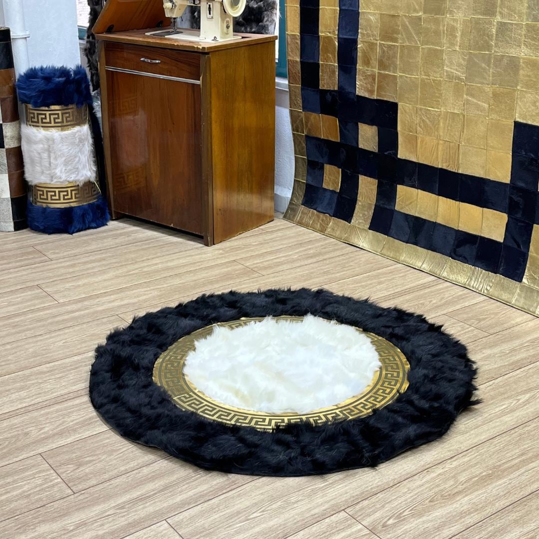 Luxurious Black & White Sheepskin Rug: Handmade Round Area Rug - BuzzLeatherCarpetLuxurious Black & White Sheepskin Rug: Handmade Round Area Rug