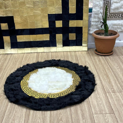 Luxurious Black & White Sheepskin Rug: Handmade Round Area Rug - BuzzLeatherCarpetLuxurious Black & White Sheepskin Rug: Handmade Round Area Rug
