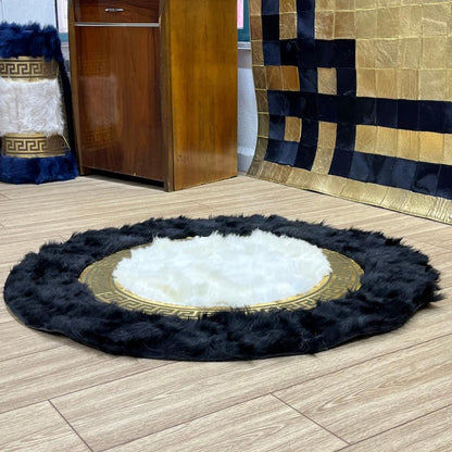 Luxurious Black & White Sheepskin Rug: Handmade Round Area Rug - BuzzLeatherCarpetLuxurious Black & White Sheepskin Rug: Handmade Round Area Rug