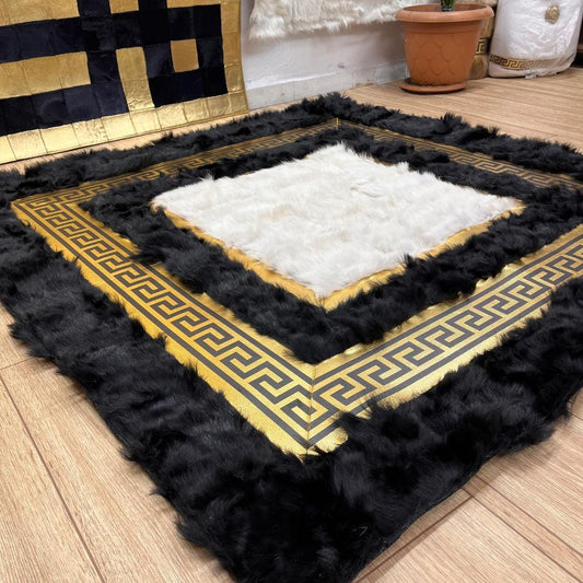 Natural Black - White Sheepskin Fur Rug - BuzzLeatherCarpetNatural Black - White Sheepskin Fur Rug