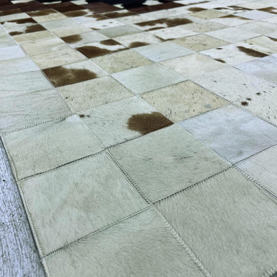 Natural White - Brown Cowhide Area Rug: Handmade Patchwork Rug - BuzzLeatherCarpetNatural White - Brown Cowhide Area Rug: Handmade Patchwork Rug