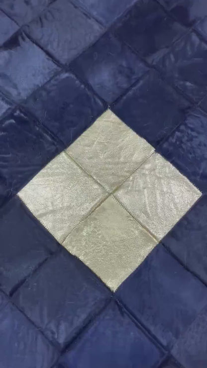 Handmade Gold & Dark Blue Cowhide Patchwork Rug (4x6 ft)
