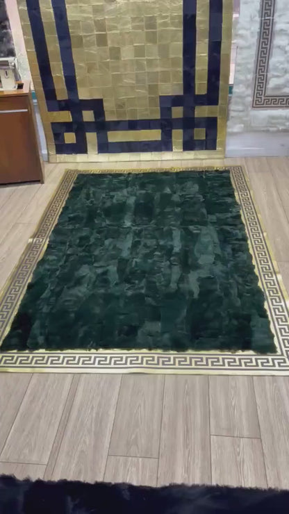 Handmade Green Rabbit Fur Rug: Plush Non-Slip Leather Area Rug