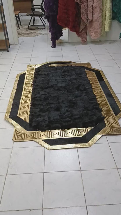 Gold & Black Cowhide Sheepskin Rug: Fluffy Lambskin Fur Area Rug