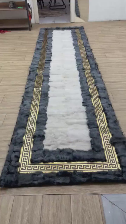 Gray-Gold Sheepskin Patchwork Rug: Handmade Wool Leather Area Rug