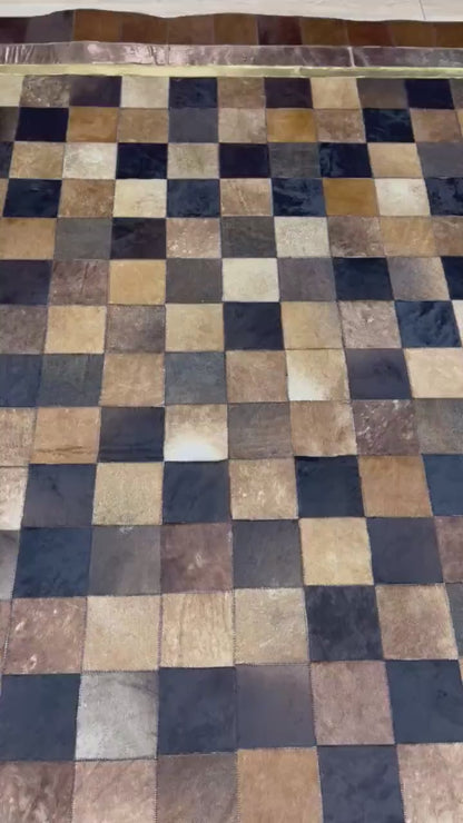 Handmade Tricolor Cowhide Rug: Leather Patchwork Area Rug