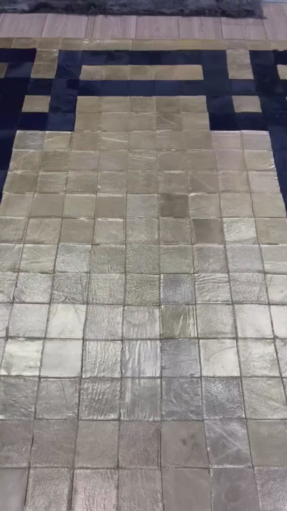 Handmade Gold & Dark Blue Cowhide Patchwork Rug (6x8 ft)