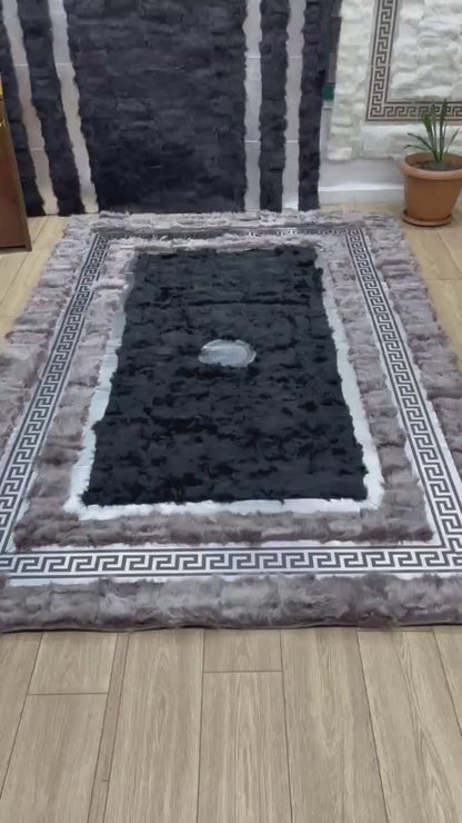 Handmade Gray-Black Sheepskin Patchwork Rug: Fluffy Wool Area Rug