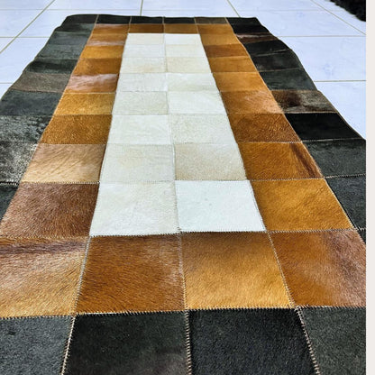 Tricolor Cowhide Patchwork Rug: Handmade Leather Area Rug - BuzzLeatherCarpetTricolor Cowhide Patchwork Rug: Handmade Leather Area Rug