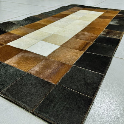Tricolor Cowhide Patchwork Rug: Handmade Leather Area Rug - BuzzLeatherCarpetTricolor Cowhide Patchwork Rug: Handmade Leather Area Rug