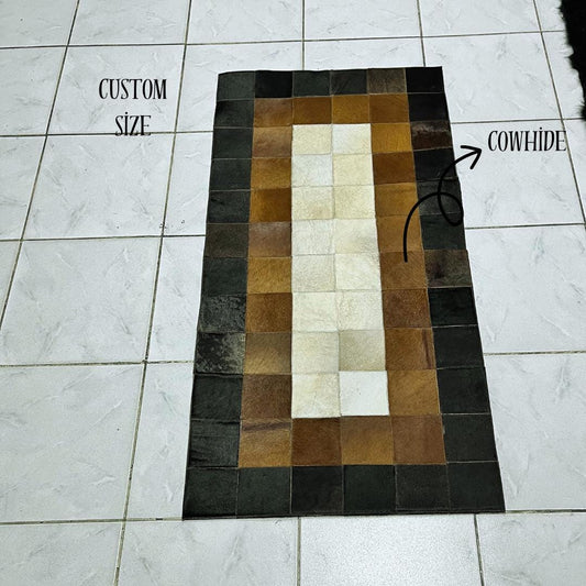 Tricolor Cowhide Patchwork Rug: Handmade Leather Area Rug - BuzzLeatherCarpetTricolor Cowhide Patchwork Rug: Handmade Leather Area Rug