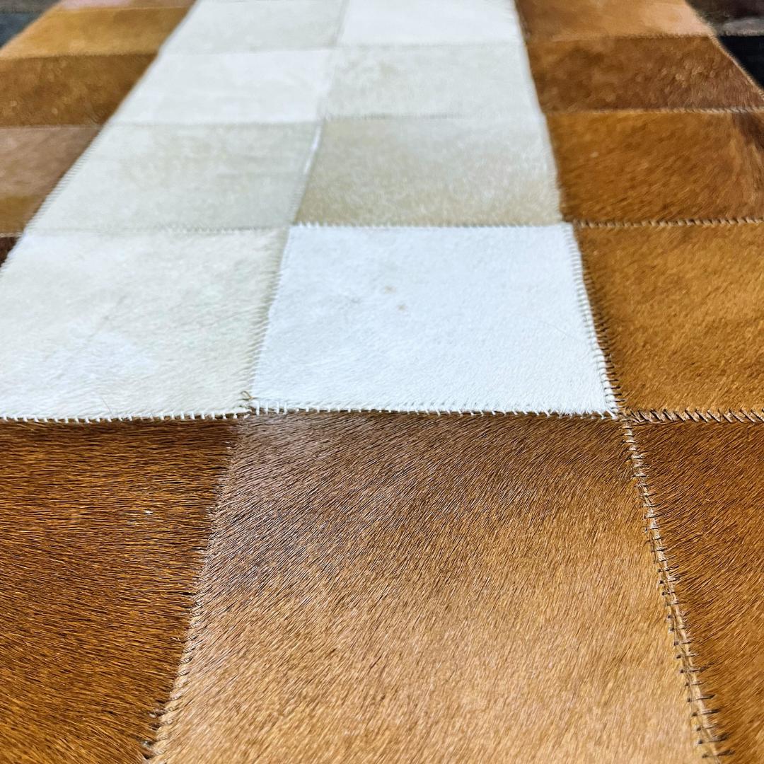 Tricolor Cowhide Patchwork Rug: Handmade Leather Area Rug - BuzzLeatherCarpetTricolor Cowhide Patchwork Rug: Handmade Leather Area Rug