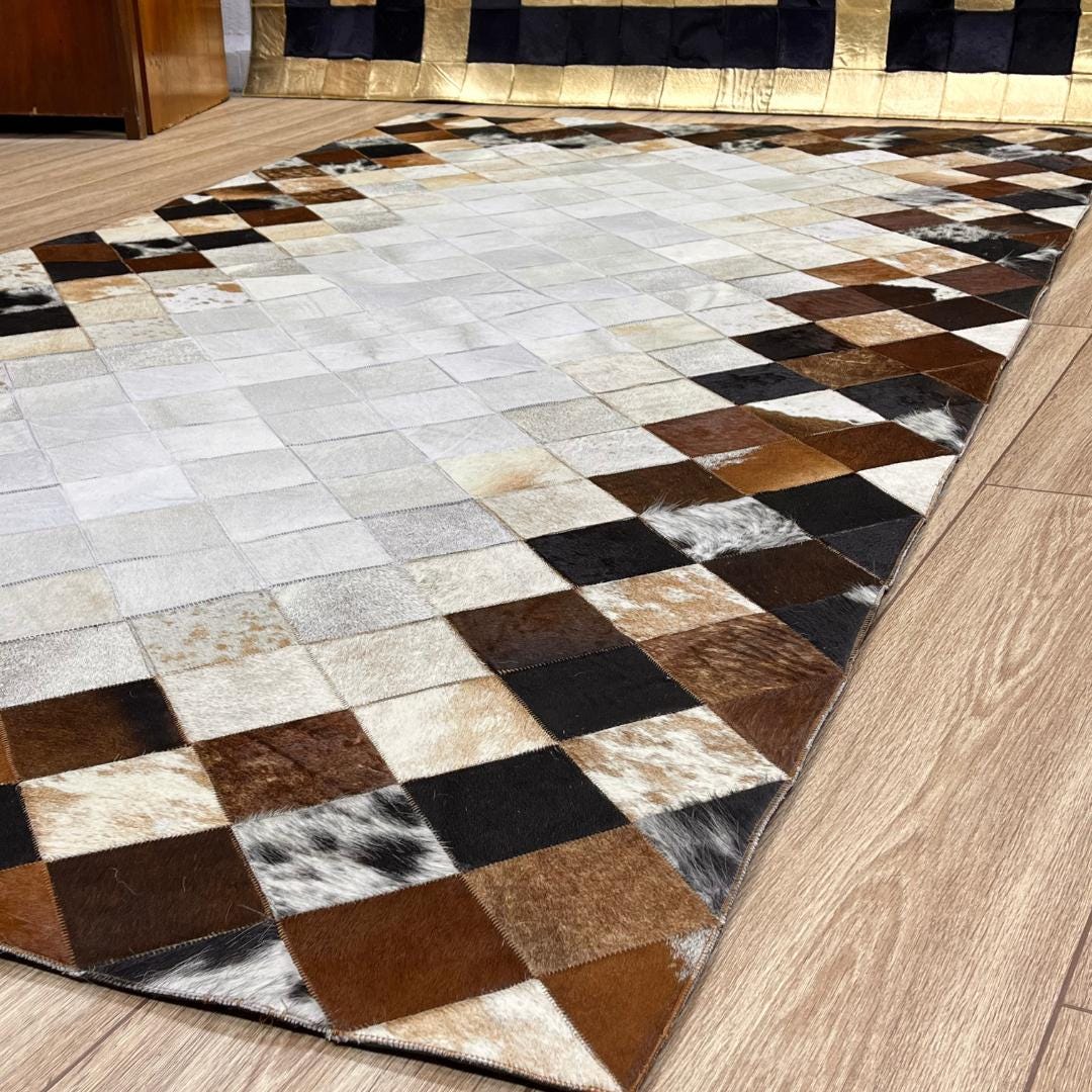 Tricolor Cowhide Patchwork Rug: Rustic Leather Area Rug - BuzzLeatherCarpetTricolor Cowhide Patchwork Rug: Rustic Leather Area Rug