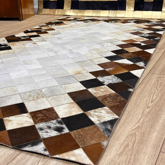 Tricolor Cowhide Patchwork Rug: Rustic Leather Area Rug - BuzzLeatherCarpetTricolor Cowhide Patchwork Rug: Rustic Leather Area Rug