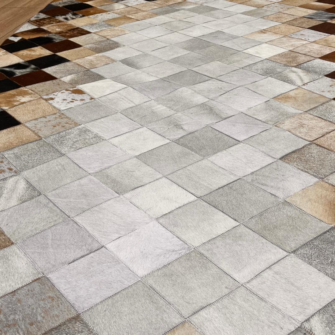 Tricolor Cowhide Patchwork Rug: Rustic Leather Area Rug - BuzzLeatherCarpetTricolor Cowhide Patchwork Rug: Rustic Leather Area Rug