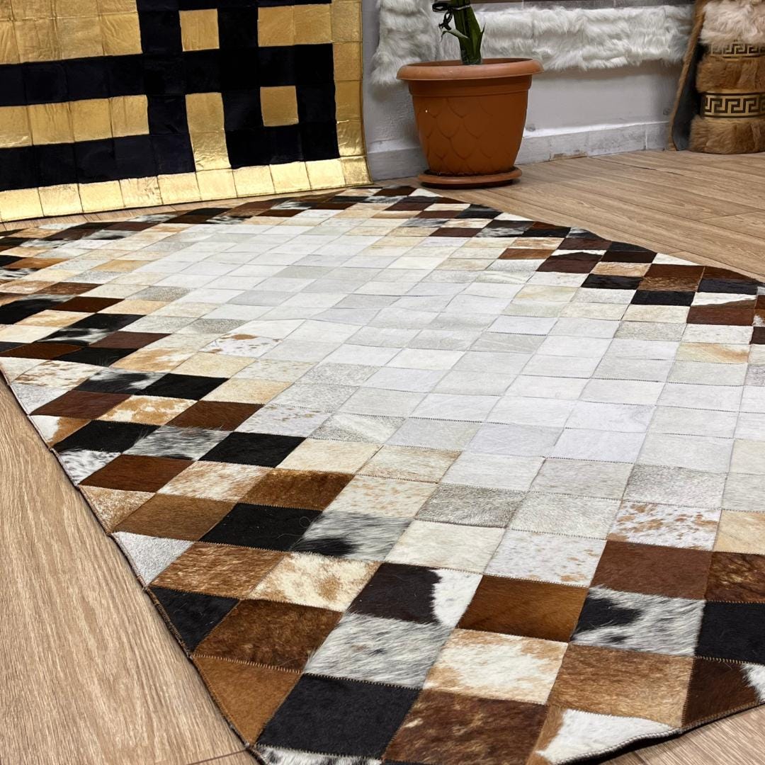 Tricolor Cowhide Patchwork Rug: Rustic Leather Area Rug - BuzzLeatherCarpetTricolor Cowhide Patchwork Rug: Rustic Leather Area Rug