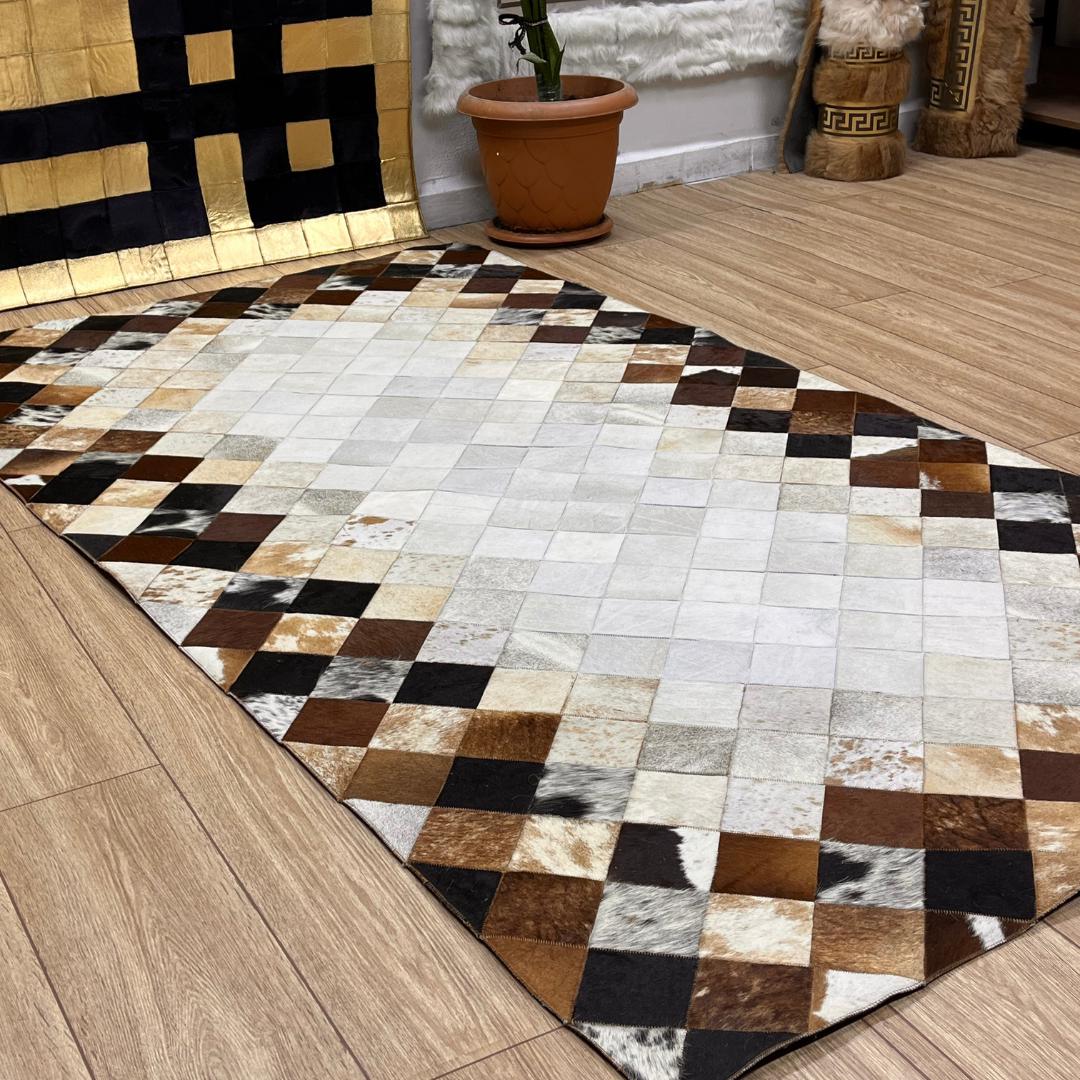 Tricolor Cowhide Patchwork Rug: Rustic Leather Area Rug - BuzzLeatherCarpetTricolor Cowhide Patchwork Rug: Rustic Leather Area Rug