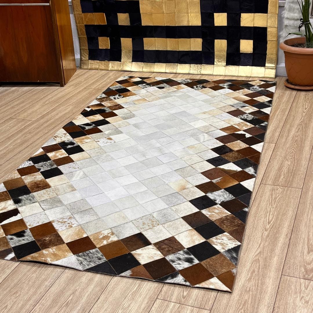 Tricolor Cowhide Patchwork Rug: Rustic Leather Area Rug - BuzzLeatherCarpetTricolor Cowhide Patchwork Rug: Rustic Leather Area Rug