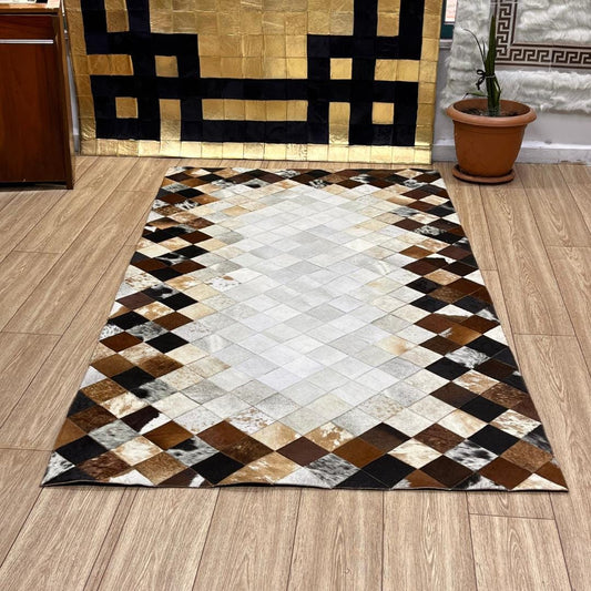 Tricolor Cowhide Patchwork Rug: Rustic Leather Area Rug - BuzzLeatherCarpetTricolor Cowhide Patchwork Rug: Rustic Leather Area Rug
