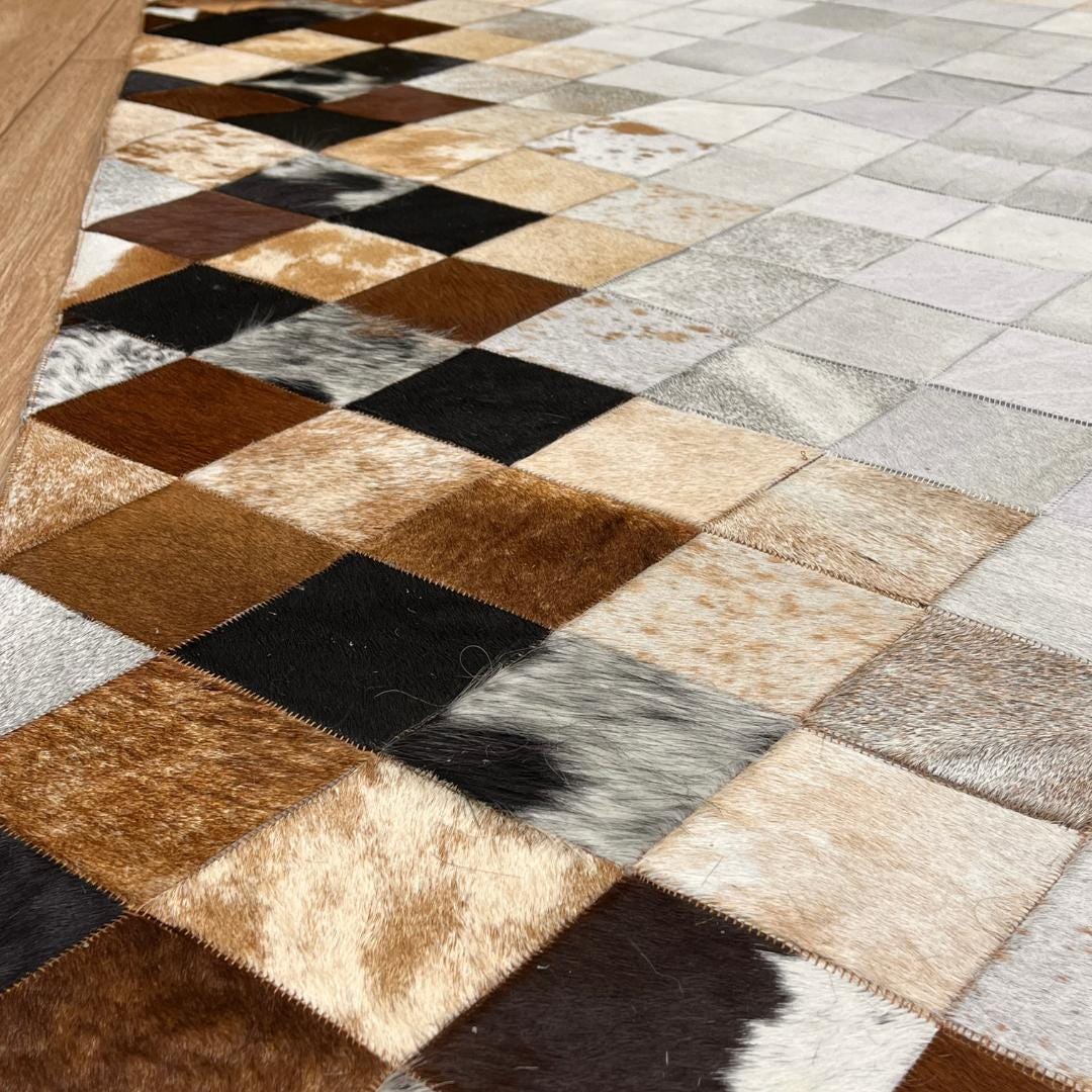 Tricolor Cowhide Patchwork Rug: Rustic Leather Area Rug - BuzzLeatherCarpetTricolor Cowhide Patchwork Rug: Rustic Leather Area Rug